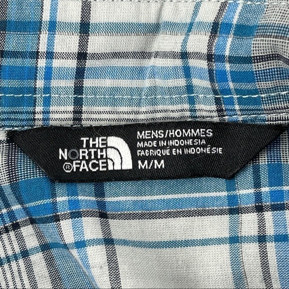 The North Face Button Up Shirt Mens Medium Blue Plaid Snap Pockets Short Sleeve - Picture 2 of 8